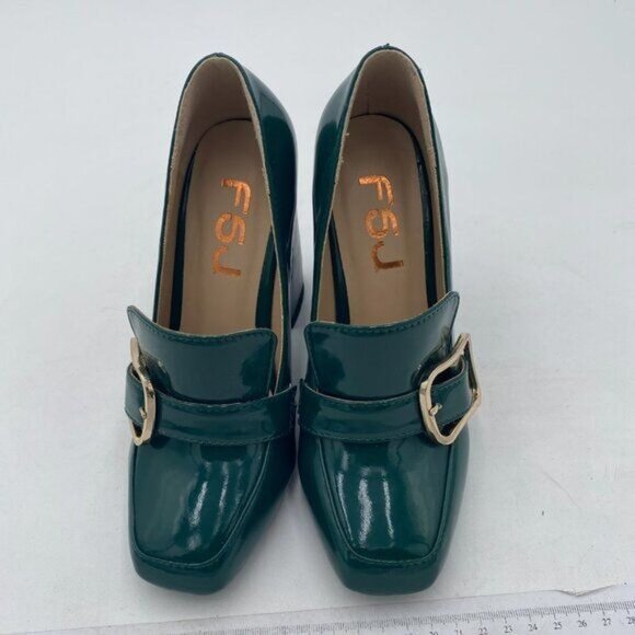 FSJ Green Chunky High Heels Square Toe Loafer Shoes Slip On Office Pumps Buckle - Picture 2 of 7
